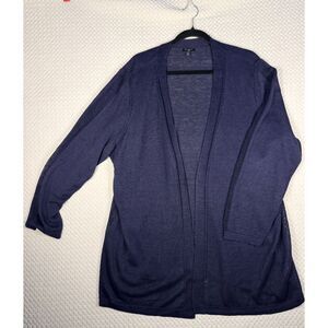 Talbots Navy Blue 100% Linen Open Front Cardigan w/ Pointelle Detailing Size 2X